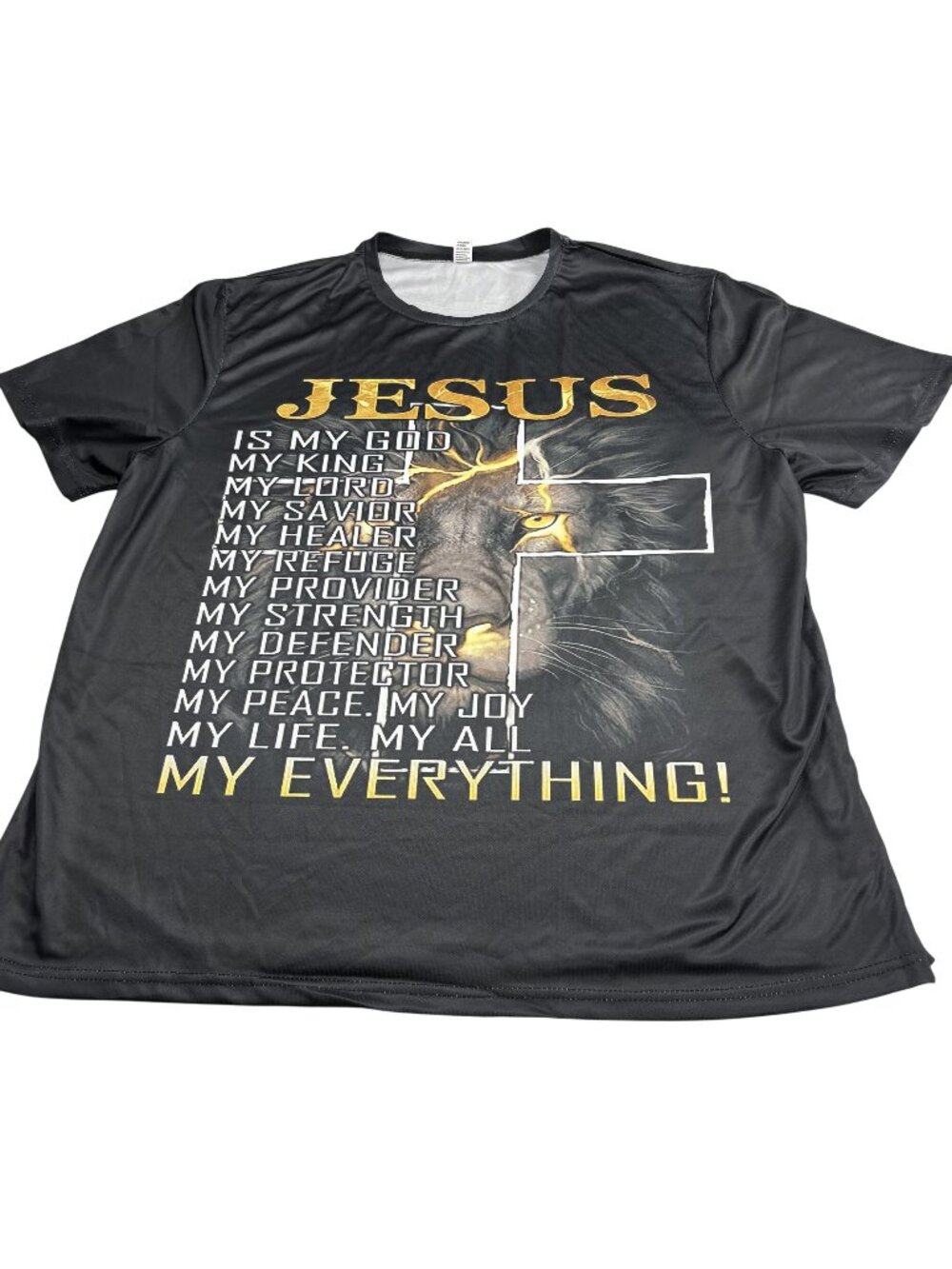 Jesus Lion Cross Graphic T-Shirt 2XL Black Polyester Lightweight Christian Faith